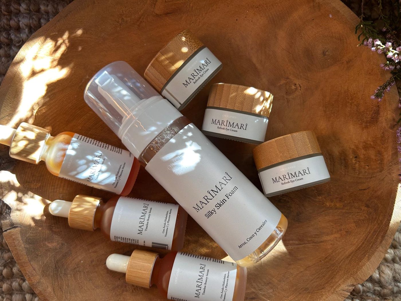 Mari Mari skincare products on a wooden tray