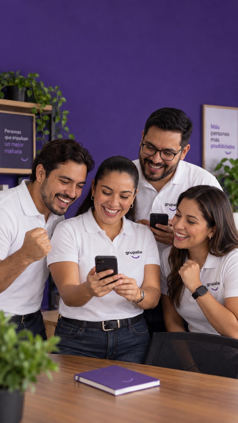 The Grupalia team celebrating around a phone